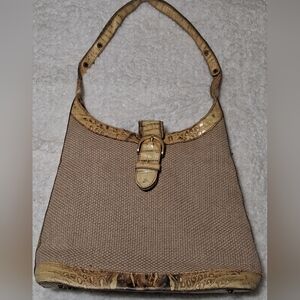 Vintage Brahmin Harbor Collection Raffia Linen Shoulder Bag Croc Trim Neutral